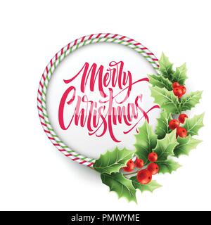 Merry Christmas lettering in circle candy cane frame Stock Vector