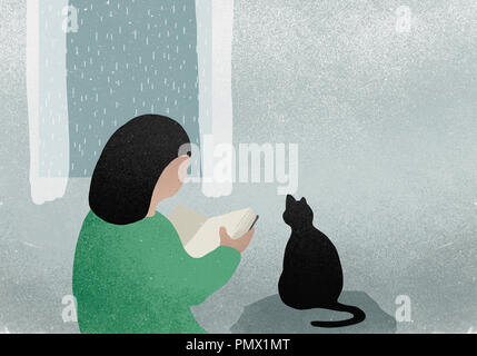 Woman with cat reading book next to rainy window Stock Photo