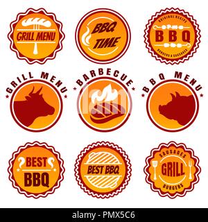 Bbq labels. Sausage on grill logo set, barbecue restaurant signs designs with fire grilled steak, outdoor grilling party symbols, vector illustration Stock Vector