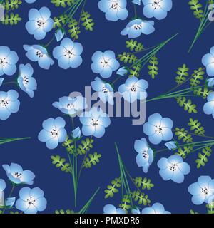 Nemophila Baby Blue Eyes Flower on Indigo Background. Vector Illustration. Stock Vector
