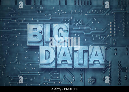 big data phrase made from metallic letterpress blocks on the pc board background Stock Photo