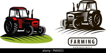 Farm tractor logo or label. Agriculture, farming, agribusiness symbol. Vector illustration Stock Vector