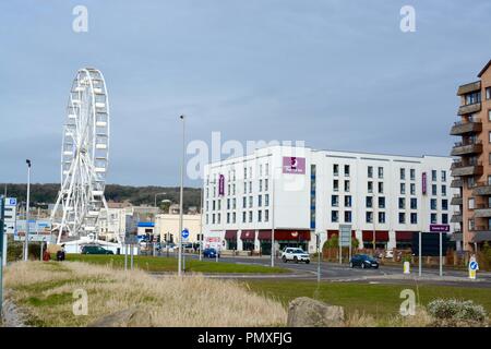 Weston Super Mare seafront, with Premier Inn hotel and Weston wheel in view, Weston Super Mare, Somerset, England, UK Stock Photo
