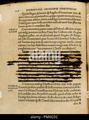 Institutio Principis Christiani. Work done by Dutch Christian Humanist Erasmus of Rotterdam (1466-1536). Book printed in Basel, July, 1518. Censored page by the Inquisition. Private Collection. Stock Photo
