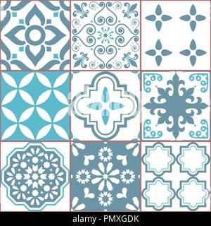Tile vector seamless Azlejos pattern, Spanish or Portuguese mosaic in turquoise and gray, abstract and floral designs. Ornamental textile background. Stock Vector