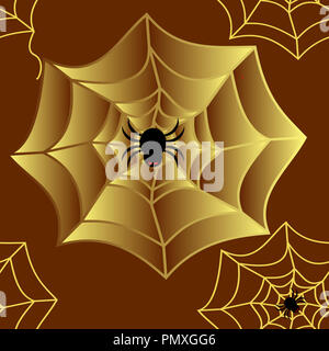 Seamless pattern of black spider with red eyes and yellow gold spider web on brown background,square shape. Stock Photo