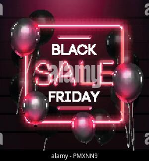 Black friday sale neon background. Black weekend sale banner. Black friday shopping with black baloons illustration. Stock Vector