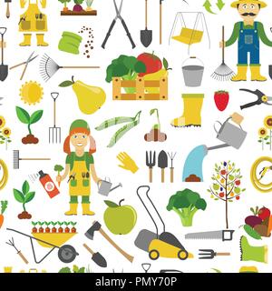 Gardening work, farming seamless pattern. Flat style design. Vector illustration Stock Vector