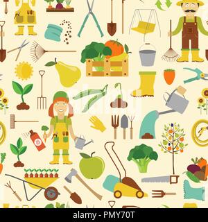 Gardening work, farming seamless pattern. Flat style design. Vector illustration Stock Vector