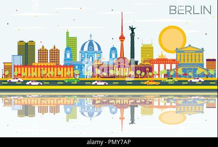 Berlin Germany City Skyline with Color Buildings, Blue Sky and Reflections. Vector Illustration. Business Travel and Tourism Concept Stock Vector