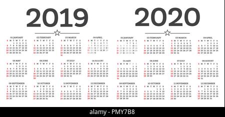 Calendar 2019 2020 Isolated on White Background. Week starts from Sunday. Vector Illustration. Stock Vector