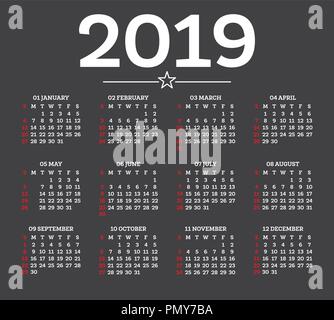 Calendar 2019 Isolated on Dark Background. Week starts from Sunday. Vector Illustration. Stock Vector