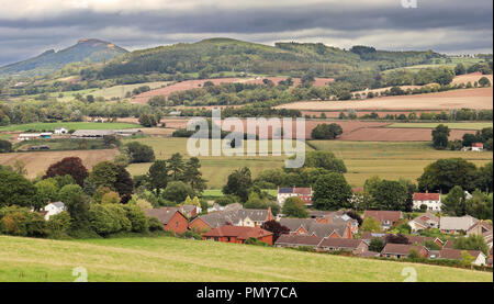 A rural Landscape in Monmouthshire South Wales with village in the distance Stock Photo