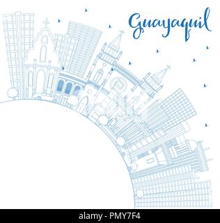 Outline Guayaquil Ecuador City Skyline with Blue Buildings and Copy Space. Vector Illustration. Business Travel and Tourism Concept Stock Vector