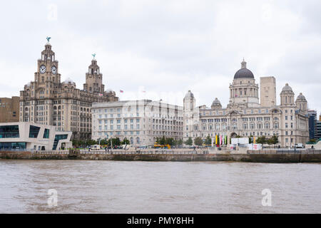 Liverpool  Merseyside The Three Graces Royal Liver Cunard Port Authority Mersey Ferry Pier Head Building Buildings River Mersey embankment Stock Photo