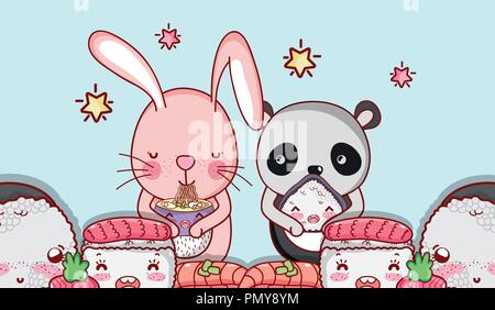 Kawaii animals and japanese food Stock Vector