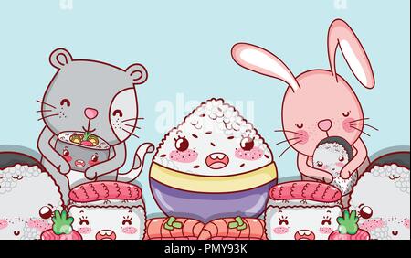Kawaii animals and japanese food Stock Vector