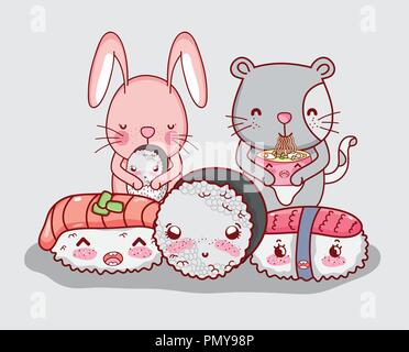 Kawaii animals and japanese food Stock Vector