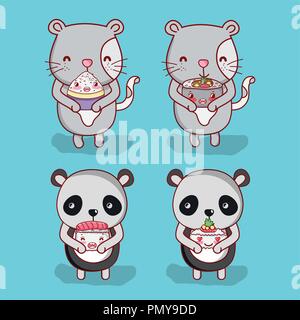 Cats and panda with food Stock Vector