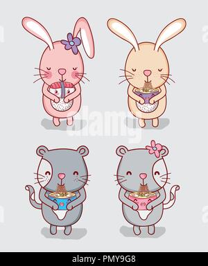Rabbits and cats with food Stock Vector