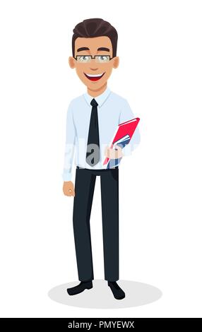 Business man cartoon character holding documents. Young handsome smiling businessman in office style clothes - stock vector Stock Vector