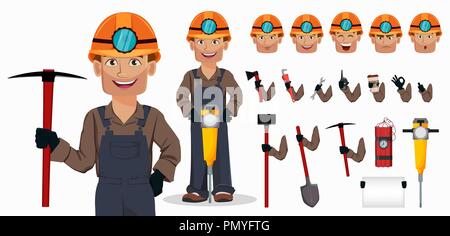 Miner man, mining worker. Handsome cartoon character. Set of equipment, tools and emotions. Build your personal design. Vector illustration Stock Vector