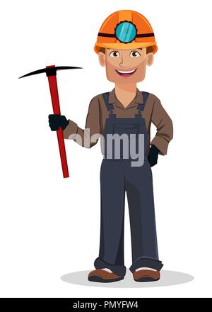 Miner man, mining worker. Handsome cartoon character holding pickaxe. Vector illustration on white background Stock Vector