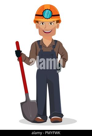 Miner man, mining worker. Handsome cartoon character holding shovel. Vector illustration on white background Stock Vector