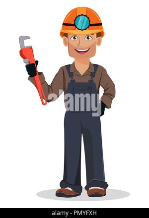 Miner man, mining worker. Handsome cartoon character holding adjustable wrench. Vector illustration on white background Stock Vector