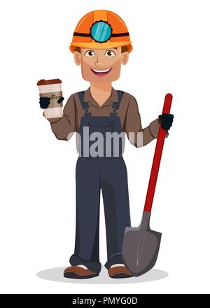 Miner man, mining worker. Handsome cartoon character holding shovel and coffee. Vector illustration on white background Stock Vector