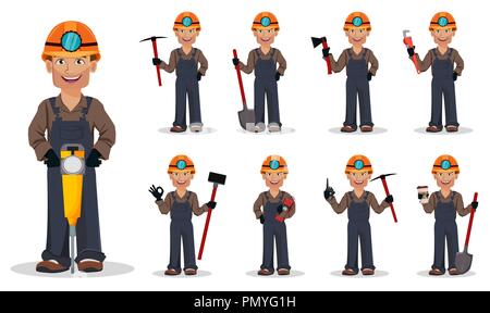 Miner man, mining worker, set of nine poses. Handsome cartoon character. Vector illustration on white background Stock Vector