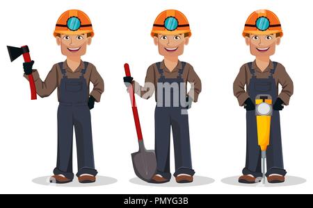 Miner man, mining worker, set of three poses. Handsome cartoon character holding axe, holding shovel and holding jackhammer. Vector illustration Stock Vector