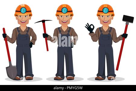 Miner man, mining worker, set of three poses. Handsome cartoon character holding shovel, holding pickaxe and holding sledgehammer. Vector illustration Stock Vector