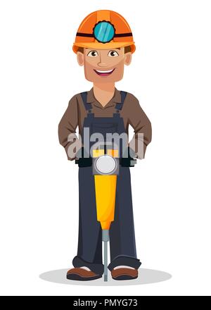 Miner man, mining worker. Handsome cartoon character holding jackhammer. Vector illustration on white background Stock Vector