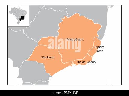 Map of the southeast region of Brazil with the identified states Stock Vector