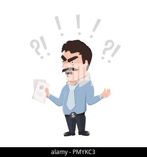 Big boss character wears blue shirt and tie.Yelling office worker with papers in hand isolated on white background. Screaming man. Stock Vector