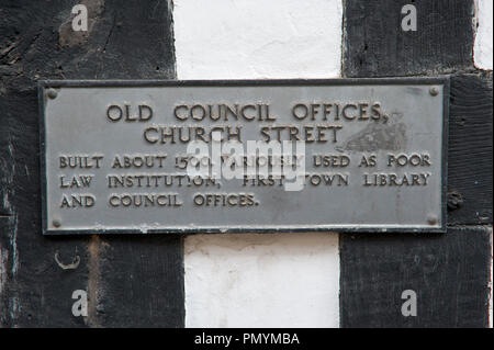 Plaque attached to timber building on Church Street Ledbury Herefordshire England UK Stock Photo