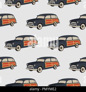Surf car pattern. Surfing seamless wallpaper. Summer background with old automobile isolated on white background Stock Vector
