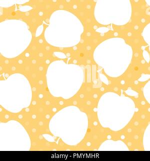 Apple white silhouette on a yellow polka dot. Seamless pattern. Vector illustration. Stock Vector