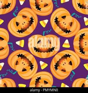 Jack lantern pumpkin Happy Halloween jackolantern seamless pattern.Vector illustration isolated on purple background. Stock Vector