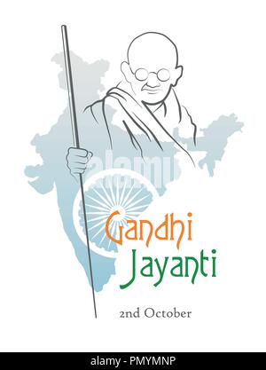 October 2. Gandhi Jayanti. India. Abstract sketch of Mahatma Gandhi with Ashoka Chakra on the silhouette of the map of India. Vector illustration. Stock Vector