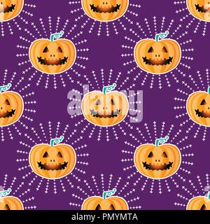 Happy Halloween jackolantern seamless pattern. Jack lantern pumpkin with rays. Vector illustration isolated on purple background. Stock Vector