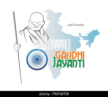 October 2. Happy Gandhi Jayanti. Abstract sketch of Mahatma Gandhi with Ashoka Chakra on the silhouette of the map of India. Vector illustration. Stock Vector