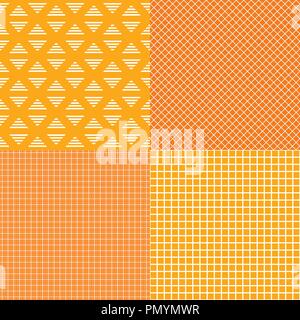 Set of striped and grid cells seamless patterns. Orange with yellow colors. Vector Banner background templates. Stock Vector