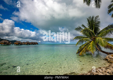 bora bora island french polynesia aerial airplane view panorama landscape, overwater bungalow Stock Photo