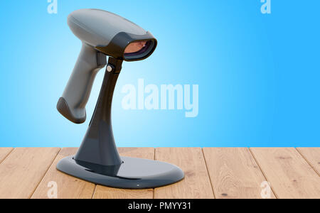 Barcode reader on the wooden table. 3D rendering Stock Photo