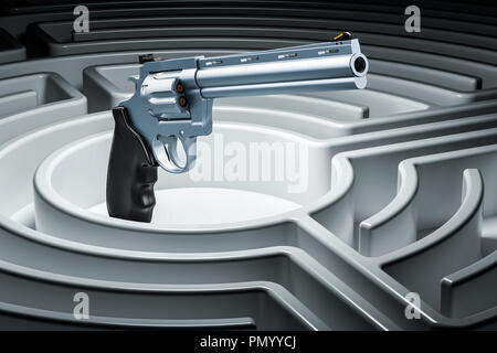 Revolver, gun inside labyrinth maze. Hidden threat concept. 3D rendering Stock Photo