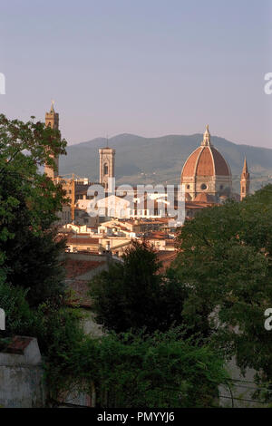 The famous Florence skyline, dominated by the Torre d'Arnolfo and the campanile and dome of the Duomo, from the Bardini Gardens Stock Photo