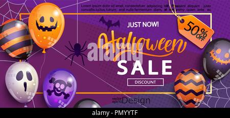 Sale Banner for Happy Halloween holiday with lettering on geometric background with monster balloons.50 percent discount card for web,poster,flyers,ad,promotions,blogs,social media,marketing.Vector. Stock Vector