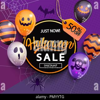 Sale Banner for Happy Halloween holiday with lettering on geometric background with monster balloons.Discount card for web,poster,flyers,ad,promotions,blogs,social media,marketing.Vector illustration. Stock Vector